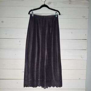 J.Jill Maxi Skirt Black Faux Suede Scalloped Eyelet Hem Elegant Western.